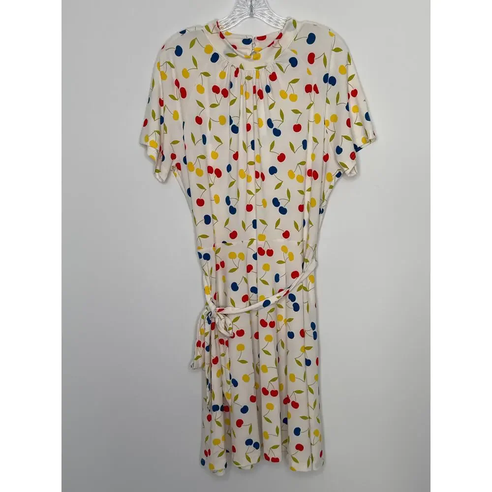 ModCloth Cherry Print retro swing Fit & Flare Dress mock neck & belt XL